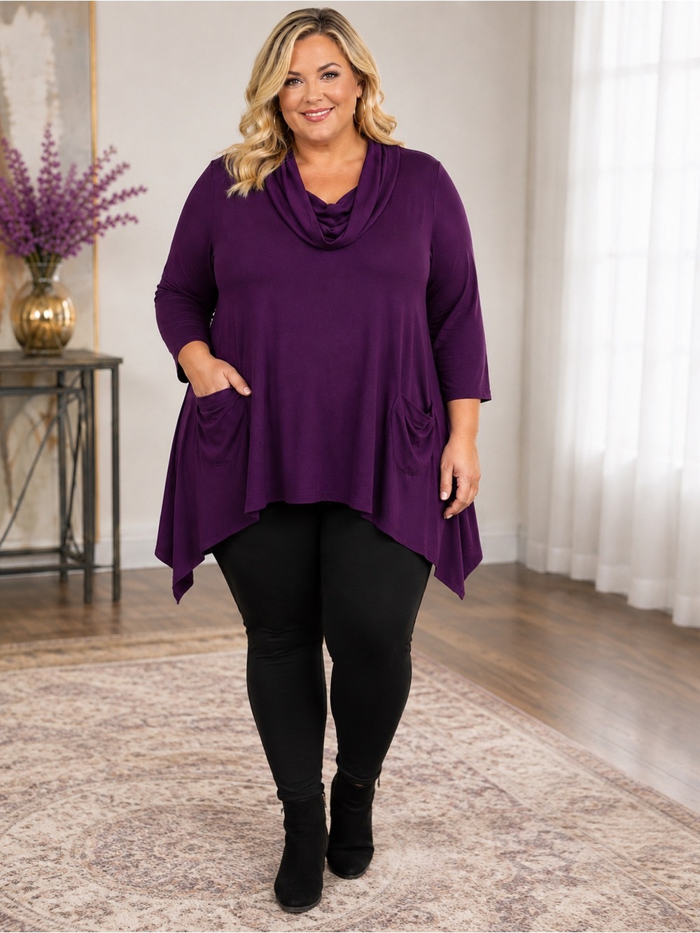 Cha Cha Vente 2X Purple Cowl Back Tunic Sweater with Pockets